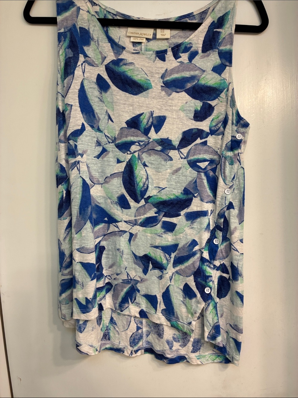 Cynthia Rowley Blue & Green Leaf-Print Sleeveless Linen Top